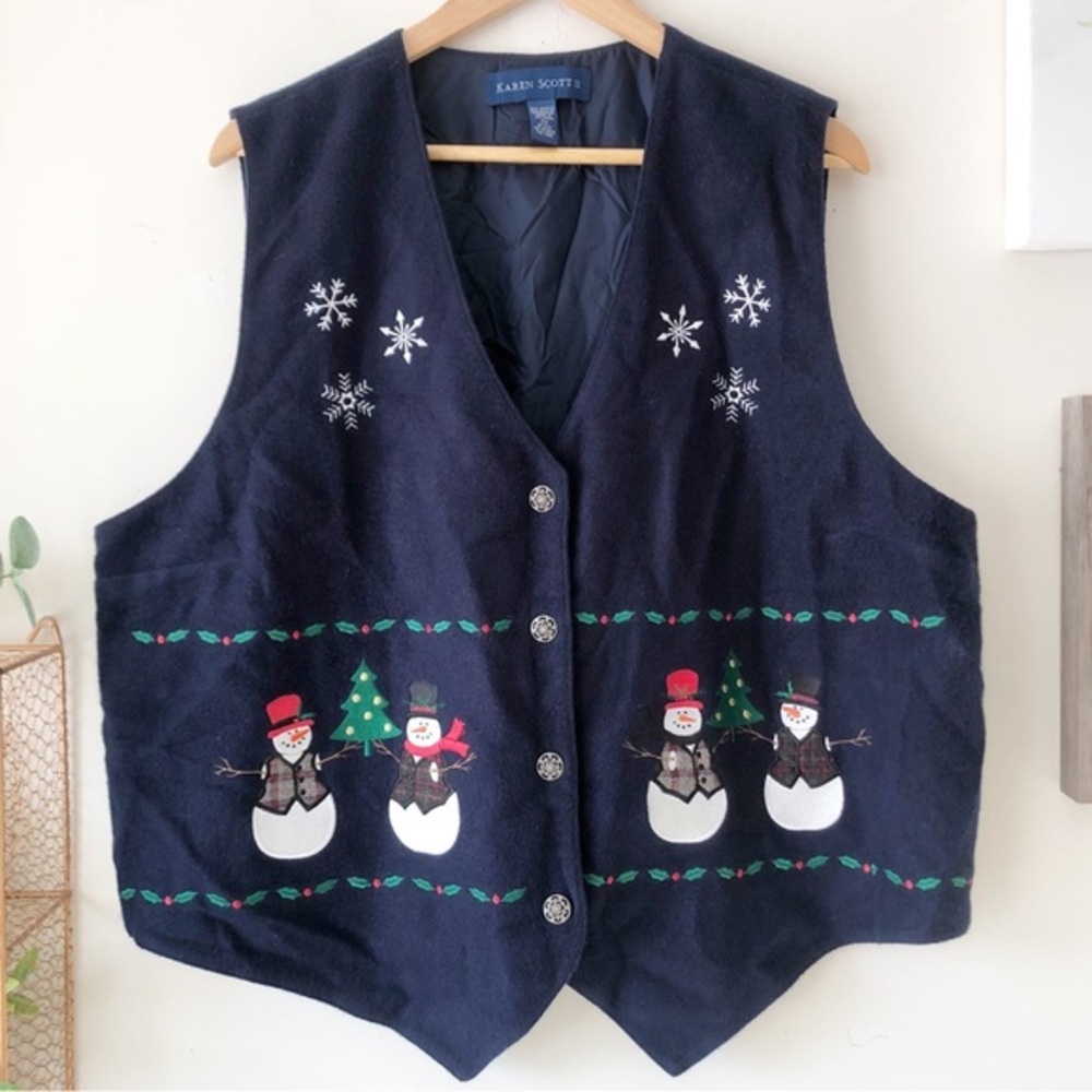 Karen Scott Vintage Christmas Snowman Navy Blue Felt Vest 2X Plus Size Winter - Picture 2 of 13